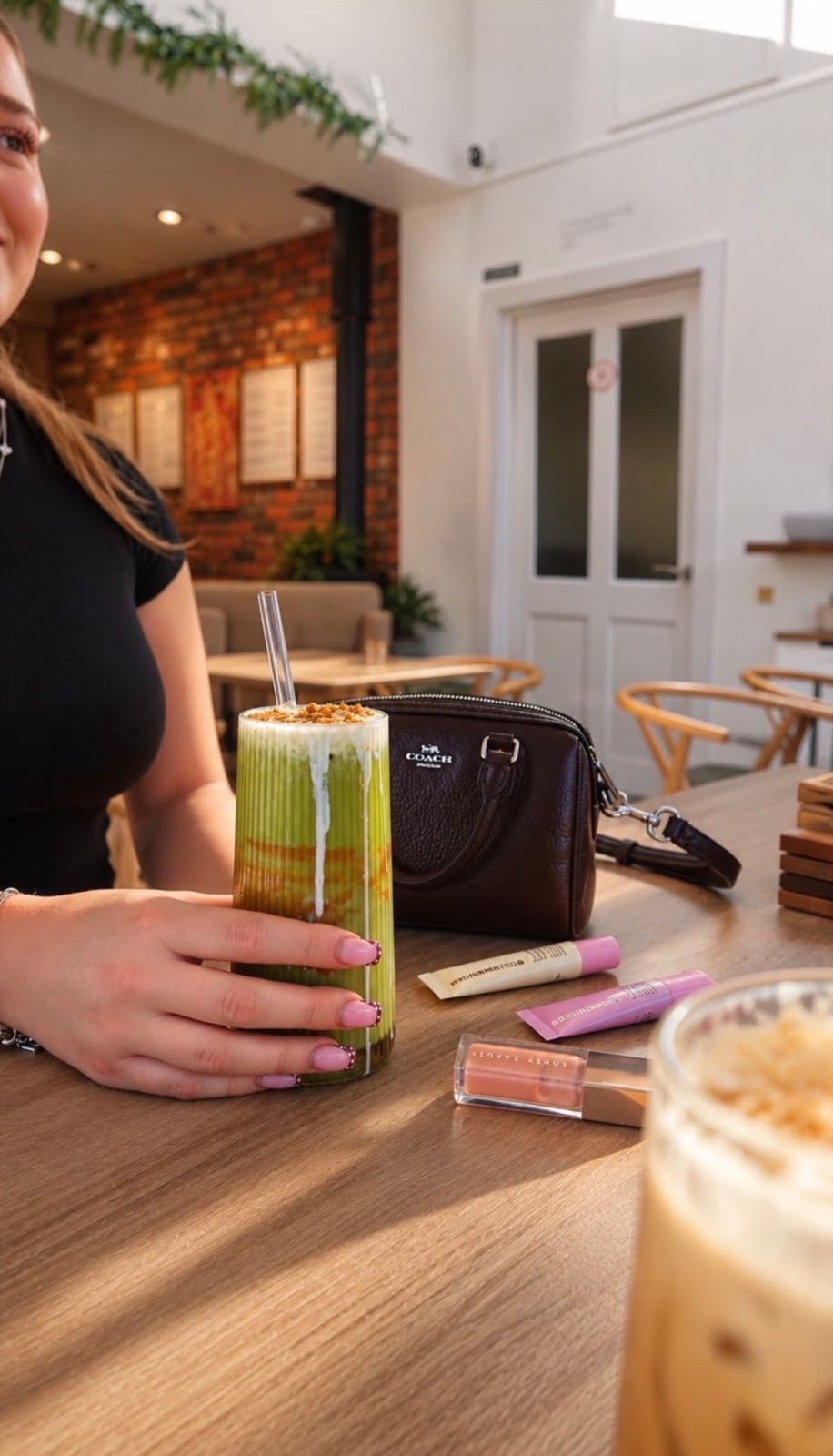 Iced matcha in the courtyard